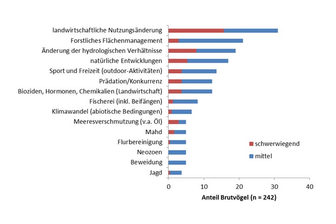 Ein Diagramm, das die Gefahren für Brutvögel in absteigender Reihenfolge auflistet.